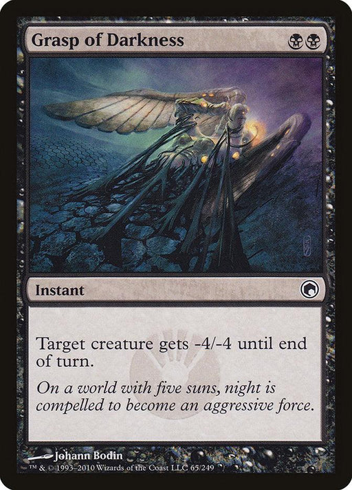 A *Magic: The Gathering* card from the *Scars of Mirrodin* set named "Grasp of Darkness [Scars of Mirrodin]." The artwork depicts a winged creature enveloped in dark, swirling energy. This instant's text reads, "Target creature gets -4/-4 until end of turn." Flavor text: "On a world with five suns, night is compelled to become an aggressive force.