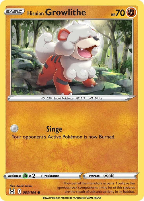 A Hisuian Growlithe (083/196) [Sword & Shield: Lost Origin] Pokémon card with 70 HP from the Sword & Shield Lost Origin set. This common rarity card, numbered 083/196, features an orange and white Hisuian Growlithe standing in a forest on a sunny day. The Fighting type moves listed include "Singe," which burns the opponent’s Active Pokémon. Weakness, resistance, and retreat information are