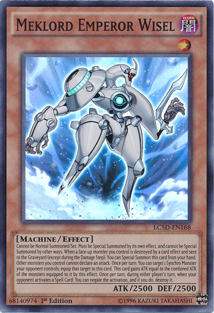 A Yu-Gi-Oh! product titled "Meklord Emperor Wisel [LC5D-EN168] Super Rare." This Super Rare Effect Monster features a futuristic, mechanical humanoid robot with a glowing blue orb at its core, standing in an aggressive stance. The card details include its type as "Machine/Effect" with ATK 2500 and DEF 2500.