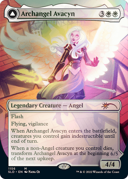 An image of a Magic: The Gathering card titled "Archangel Avacyn // Avacyn, the Purifier (Borderless) [Secret Lair: From Cute to Brute]," featuring an angel with glowing wings and golden armor. This Secret Lair edition boasts a white and green border and is a Legendary Creature with 4 power and 4 toughness. The card text details its abilities, including Flash and Flying.