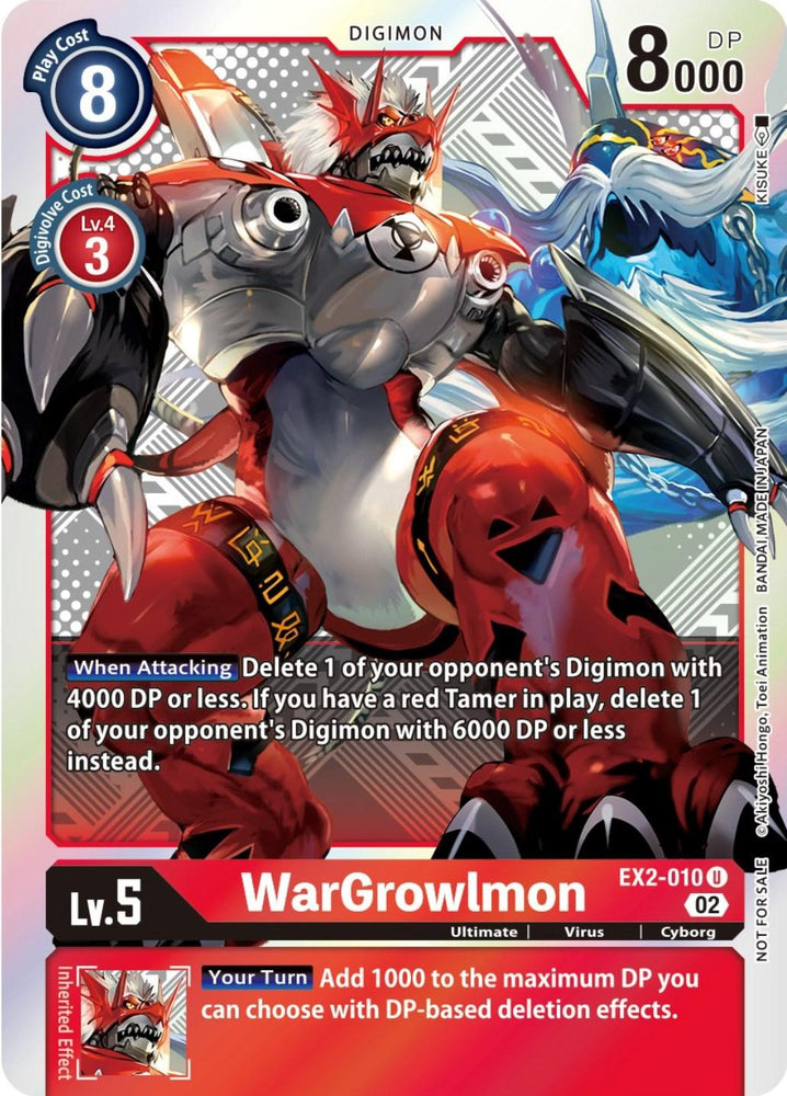 A Digimon trading card titled WarGrowlmon [EX2-010] (Xros Encounter Pre-Release) from the Digital Hazard Promos. The card features a blue cost of 8 at the top left and a red Digimon level of 5 on the right. WarGrowlmon is illustrated as a powerful, red Cyborg with sharp claws and a fierce expression. The card text details its abilities and stats.