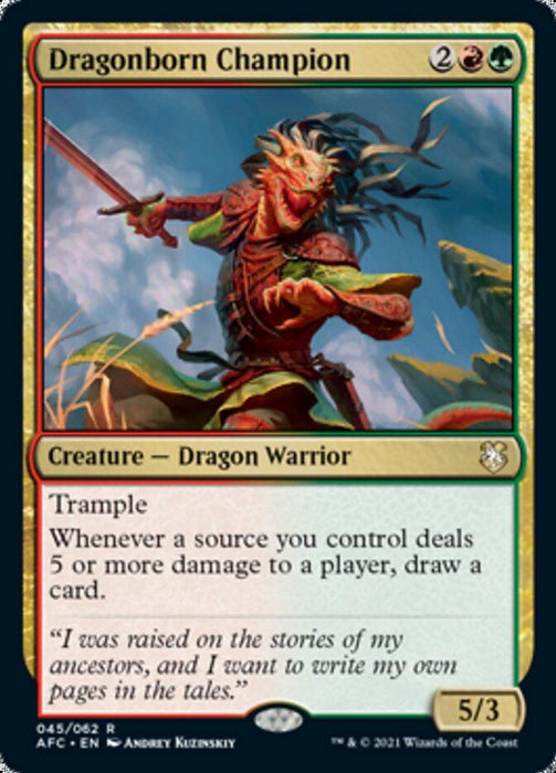 A Dragonborn Champion [Dungeons & Dragons: Adventures in the Forgotten Realms Commander] card from "Magic: The Gathering." The art showcases a dragon warrior in armor, wielding an axe with green energy swirling around it. Text details its mana cost, attack and defense stats, abilities, and flavor text. This rare card is labeled AFC 045/062.
