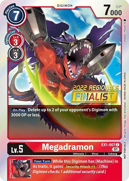 A Digimon trading card titled "Megadramon [EX1-007] (2022 Championship Online Regional) (Online Finalist)" from the Classic Collection Promos. This Level 5, red-colored Ultimate Digimon boasts a play cost of 7 and 7000 DP. Its effect allows deletion of up to two opponent Digimon within 3000 DP. Additionally, with the [Machine] trait, it gains Security Attack +1 during the player's turn.