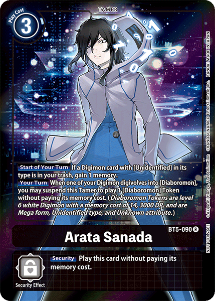 A Digimon card titled "Arata Sanada [BT5-090] (Buy-A-Box Promo) [Battle of Omni Promos]". The card features an illustration of a young man with long black hair, wearing a suit with a blue shirt, surrounded by a digital aura. The card details his abilities, security effect, and has the play cost of 3 in the top left corner.