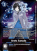 A Digimon card titled "Arata Sanada [BT5-090] (Buy-A-Box Promo) [Battle of Omni Promos]". The card features an illustration of a young man with long black hair, wearing a suit with a blue shirt, surrounded by a digital aura. The card details his abilities, security effect, and has the play cost of 3 in the top left corner.