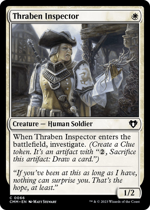 A Magic: The Gathering product titled "Thraben Inspector [Commander Masters]". It features a female human soldier holding a lantern, investigating a grotesque tree covered with hanging chains. The card details are as follows: Power/Toughness–1/2, set number–CMM·EN 0066, artist–Matt Stewart, and set year–2023.