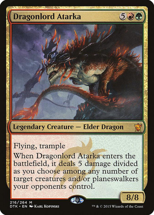 Image shows a Magic: The Gathering product named "Dragonlord Atarka [Dragons of Tarkir]." This legendary creature – *Elder Dragon* boasts an 8/8 power/toughness, with flying and trample. Upon entering the battlefield, it deals 5 damage divided among chosen creatures and/or planeswalkers opponents control. Mana cost is 5RG.