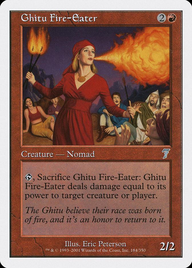 The "Ghitu Fire-Eater [Seventh Edition]" card from Magic: The Gathering features a Human Nomad character wearing a vibrant red dress and headband while holding a flaming torch. This Creature, set amid an eager crowd, has the power and toughness of 2/2, allowing it to deal damage.