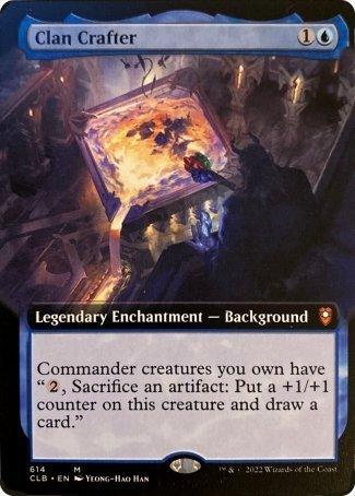 The Magic: The Gathering card titled "Clan Crafter (Extended Art) [Commander Legends: Battle for Baldur's Gate]" features a blue border and requires 1 blue mana and 1 generic mana to play. This Mythic card, which is a Legendary Enchantment — Background, depicts a dark, mystical workshop with a glowing forge and an overseer.