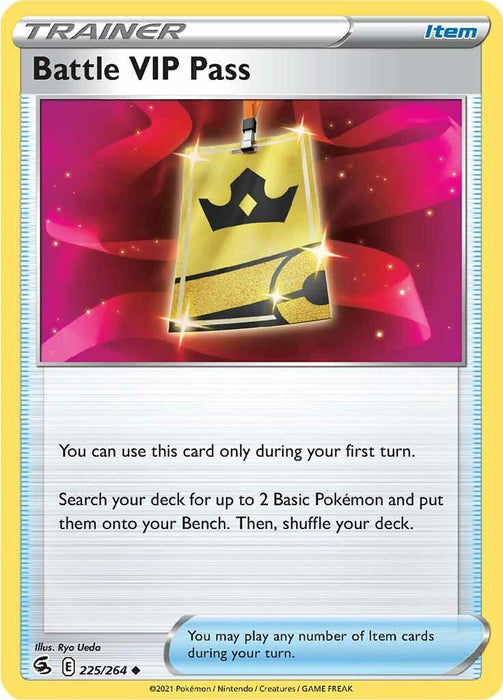 A Pokémon Trainer Card titled "Battle VIP Pass (225/264) [Sword & Shield: Fusion Strike]" from the Pokémon series features a golden pass with a black crown emblem, suspended by a string. The background has a red and purple gradient with sparkles. This uncommon card allows the player to search their deck for 2 basic Pokémon and put them on the Bench, then shuffle the deck.
