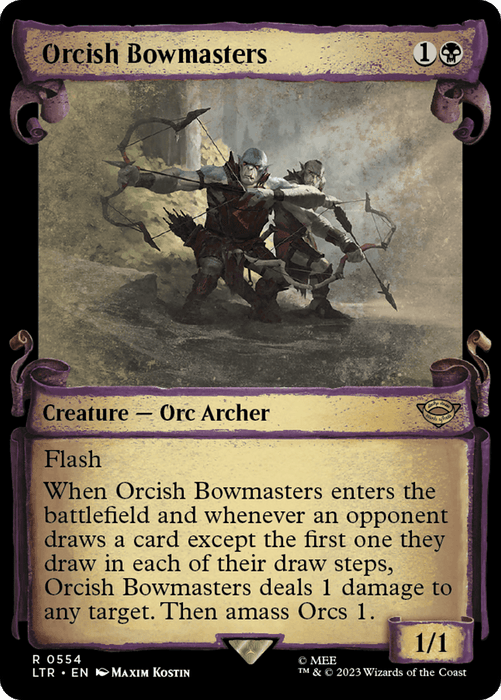 A Magic: The Gathering card titled "Orcish Bowmasters [The Lord of the Rings: Tales of Middle-Earth Showcase Scrolls]" from The Lord of the Rings: Tales of Middle-Earth set. It features two armored orc archers aiming their bows, with arrows ready. Requiring 1 generic and 1 black mana, this Creature — Orc Archer has a power/toughness of 1/1 and several abilities in the text box.