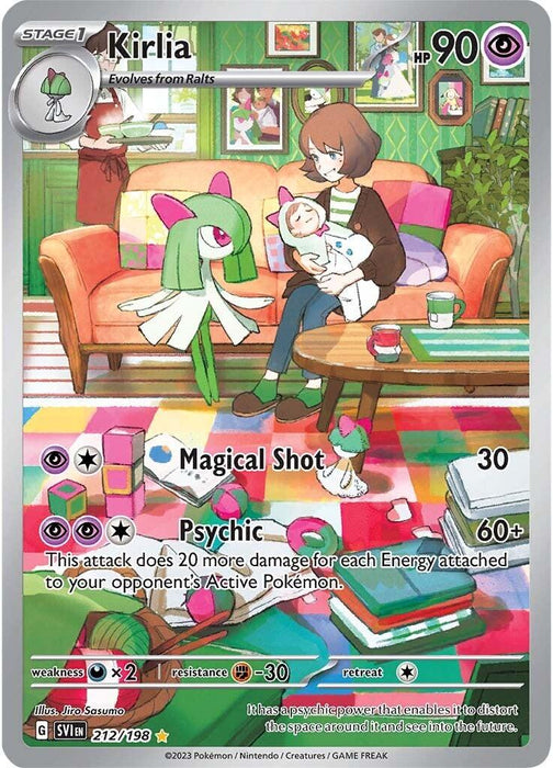 A Pokémon Secret Rare trading card featuring Kirlia, a green and white humanoid Pokémon with red horn-like structures on its head, from the Scarlet & Violet: Base Set series. Kirlia is engaging with a child on a colorful couch in a cozy room. The card details its HP (90), attack moves (Magical Shot and Psychic), and artist credit (Illus. Sui).

