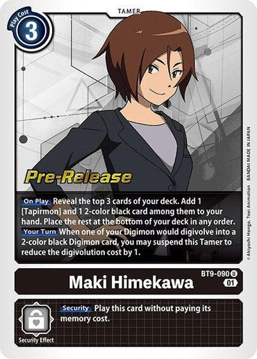 A digital card image featuring "Maki Himekawa [BT9-090] [X Record Pre-Release Promos]" from the Digimon card game. Maki, depicted with short brown hair and a black top, is posed confidently. The card includes gameplay details and special effects prominently labeled as "Pre-Release Promos." The text also covers gameplay rules and security effects for this Tamer.