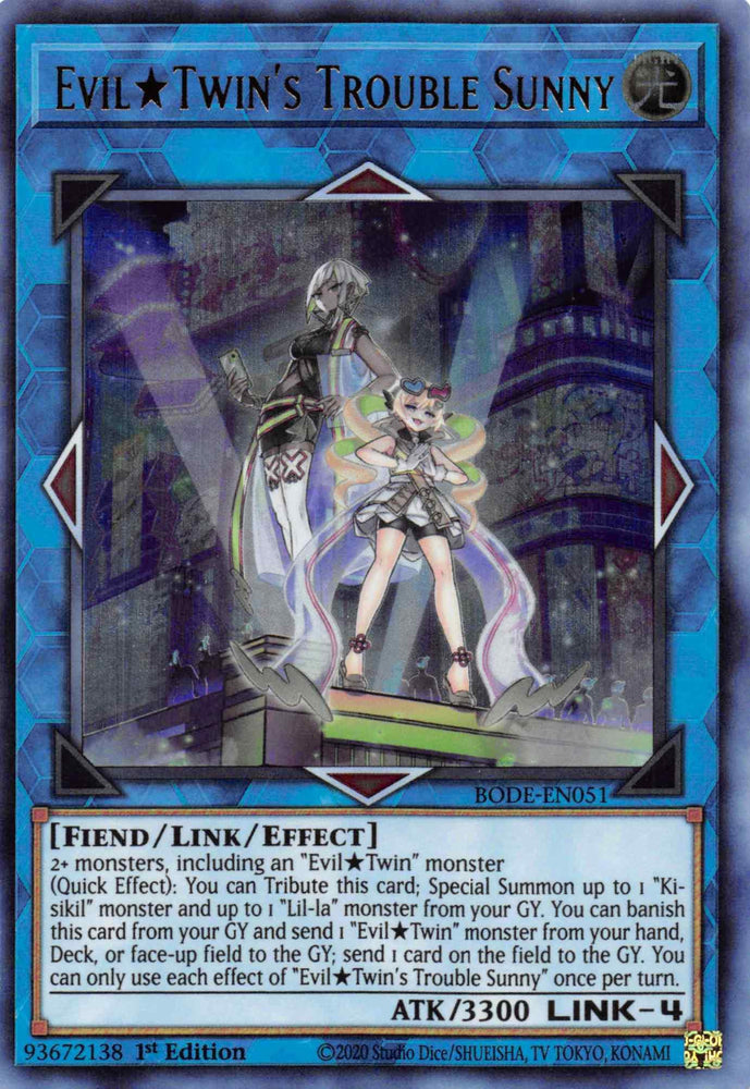 A "Yu-Gi-Oh!" trading card titled "Evil Twin's Trouble Sunny [BODE-EN051] Ultra Rare," showcasing Lil-la and Ki-sikil standing back-to-back, one in white and the other in black. The card features a shiny holographic effect with detailed text that describes its effects, attributes, and requirements for use.