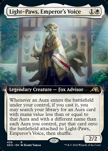 The image is of the card "Light-Paws, Emperor's Voice (Extended Art)" from Magic: The Gathering's Kamigawa: Neon Dynasty. It features artwork of an anthropomorphic fox in flowing robes, holding a staff in a serene environment. This Legendary Creature's card text details its abilities and includes its mana cost (1W), rarity (R), and power/toughness (2/2).