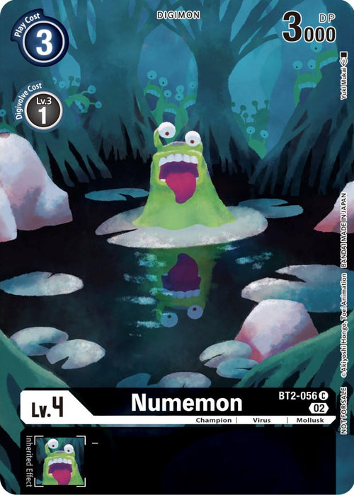 A Digimon card featuring "Numemon," a green, slug-like creature with a long pink tongue and large eyes is part of the Release Special Booster Promos. This Champion-level Digimon, showcased in a dark, swamp-like environment with glowing plants, has a play cost of 3, level of 4, and 3000 DP. The card is identified as Numemon [BT2-056] from the Digimon Illustration Competition Promotion Pack.