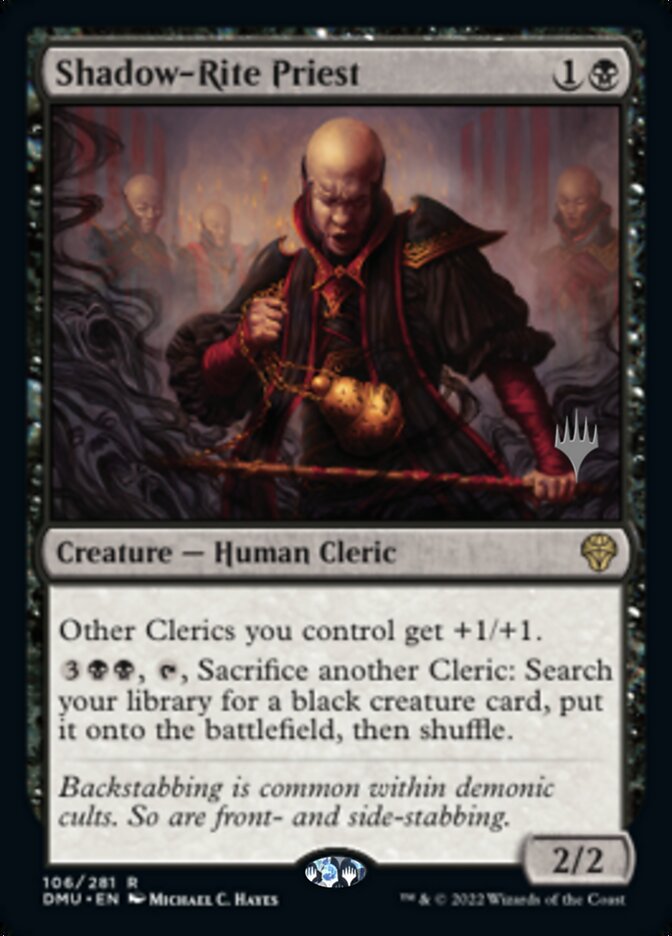 The image shows a Magic: The Gathering card named "Shadow-Rite Priest (Promo Pack) [Dominaria United Promos]." It depicts a bald, sinister-looking Human Cleric in dark robes, holding a dagger and performing a ritual gesture. The card’s abilities and lore text are displayed below the artwork, indicating it empowers other clerics and can summon a black creature card from the deck by sacrificing another.