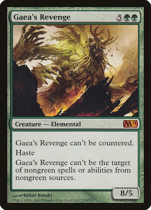 A Magic: The Gathering card titled "Gaea's Revenge [Magic 2011]" from Magic: The Gathering. This mythic card shows vivid artwork of a green Creature Elemental with branches and roots, set against a fiery background. It costs five generic and two green mana to play, has 8 power and 5 toughness, and features abilities like being uncounterable, having haste, and protection from nongreen.