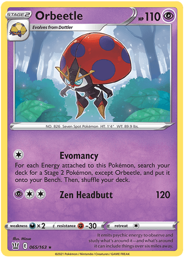 Image of a Pokémon card featuring Orbeetle (065/163) [Sword & Shield: Battle Styles] from Pokémon. The background is purple with hexagonal patterns. Orbeetle, a ladybug-like Pokémon with a red shell and black body, is depicted. With 110 HP, its text details its Psychic abilities: Evomancy and Zen Headbutt. The card is numbered 065/163.