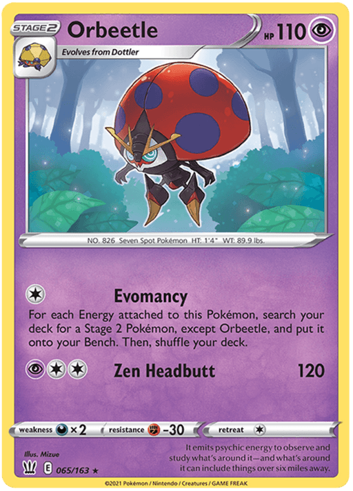 Image of a Pokémon card featuring Orbeetle (065/163) [Sword & Shield: Battle Styles] from Pokémon. The background is purple with hexagonal patterns. Orbeetle, a ladybug-like Pokémon with a red shell and black body, is depicted. With 110 HP, its text details its Psychic abilities: Evomancy and Zen Headbutt. The card is numbered 065/163.