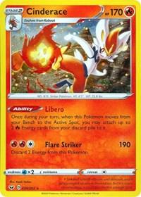 A Pokémon trading card featuring Cinderace (034/202) (Cosmos Holo) [Sword & Shield: Base Set], a fiery rabbit-like creature from the Sword & Shield Base Set, released by Pokémon. It is a Stage 2 Fire type with 170 HP. The card details Cinderace's ability, 