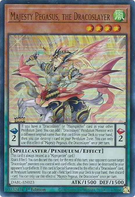 The image is of the "Majesty Pegasus, the Dracoslayer [DABL-EN023] Ultra Rare" Yu-Gi-Oh! card. This Pendulum Monster features a warrior in bright armor on a winged horse. With a Pendulum Scale of 2, ATK of 1500, and DEF of 1500, it details effects involving Dracoslayer and Majespecter cards. It's a 1