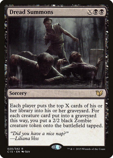 The Magic: The Gathering card "Dread Summons" from the Commander 2015 set features artwork portraying a dark, eerie, foggy landscape with shadowy undead figures rising from the ground. This Sorcery card generates Zombie creature tokens and includes the flavor text, “Did you have a nice nap?”—Liliana Vess.