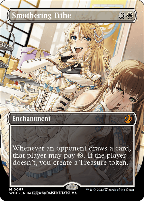 A "Smothering Tithe (Anime Borderless) [Wilds of Eldraine: Enchanting Tales]" Magic: The Gathering card featuring anime-style art. The image shows two regal women, one with long blonde hair and a playful smile, the other with light brown hair seated and looking forward. An enchanting tale of Mythic Enchantment abilities from the Wilds of Eldraine is detailed below.