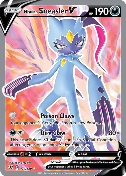 A Pokémon trading card features Hisuian Sneasler V (174/189) [Sword & Shield: Astral Radiance] from the Pokémon set. The ultra rare card boasts 190 HP, displaying the Pokémon with a dark and glossy design, sharp claws, and a fierce stance against fiery background art. It includes two attacks: "Poison Claws" and "Dire Claw" and is numbered 174/189 with a
