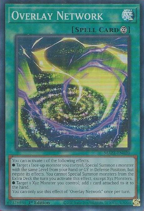 An image of the Yu-Gi-Oh! card "Overlay Network [MAZE-EN020] Super Rare." This continuous spell card features a swirling, cosmic, purple and green vortex with three glowing spheres. The card text details its activation and effects, allowing targeting and special summoning of monsters from hand or graveyard.