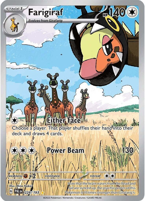 Illustration Rare Pokémon card "Farigiraf (228/193) [Scarlet & Violet: Paldea Evolved]" from the Paldea Evolved series. This Scarlet & Violet edition showcases a giraffe-like Pokémon with a unique head design, standing in a savannah alongside three smaller companions. The card boasts 140 HP and features the attacks "Either Face" and "Power Beam." The sky is partly cloudy.