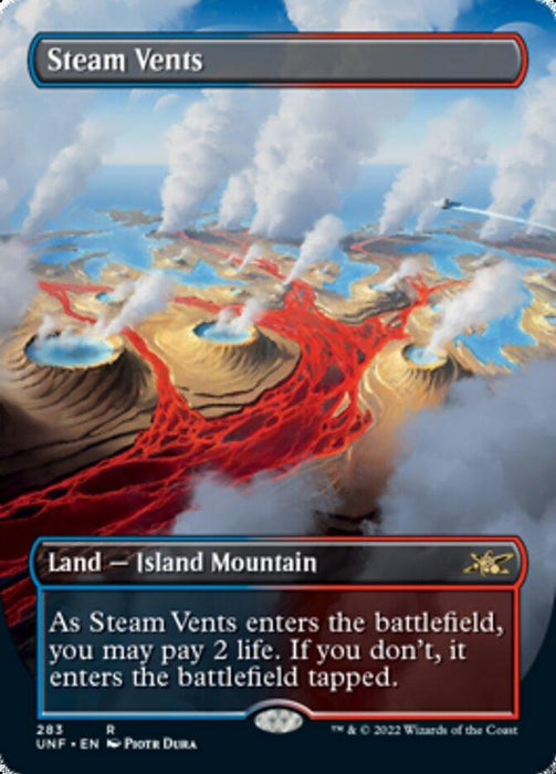 Image of the Magic: The Gathering card "Steam Vents (Borderless) [Unfinity]." This Land card of type "Island Mountain" features an illustrated landscape with volcanoes emitting steam and flowing molten lava. The text reads: "As Steam Vents enters the battlefield, you may pay 2 life. If you don’t, it enters the battlefield tapped.