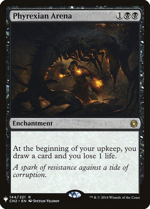 A Magic: The Gathering product named Phyrexian Arena [Mystery Booster]. It costs 1 generic and 2 black mana. This rare enchantment's text reads: "At the beginning of your upkeep, you draw a card and lose 1 life." The artwork shows a dark, monstrous creature looming over a person engulfed in shadows, holding glowing orbs.