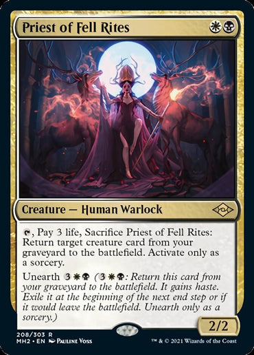 A trading card titled "Priest of Fell Rites [Modern Horizons 2]" from the Magic: The Gathering series. It features a Creature — Human Warlock surrounded by eerie, ghostly figures under a large, luminescent moon. This 2/2 creature has special abilities involving sacrifice and Unearth from the graveyard.