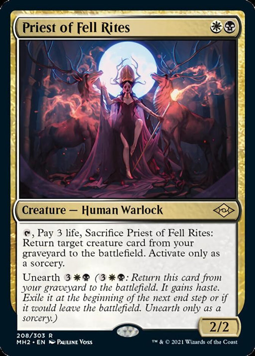 A trading card titled "Priest of Fell Rites [Modern Horizons 2]" from the Magic: The Gathering series. It features a Creature — Human Warlock surrounded by eerie, ghostly figures under a large, luminescent moon. This 2/2 creature has special abilities involving sacrifice and Unearth from the graveyard.