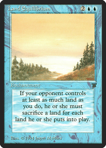 The Magic: The Gathering card named "Land Equilibrium" from the Legends series is a rare enchantment known for its distinctive blue border, depicting a tranquil scene of water, trees, and hills beneath a clear sky. Its unique ability intricately affects land control dynamics in the game.