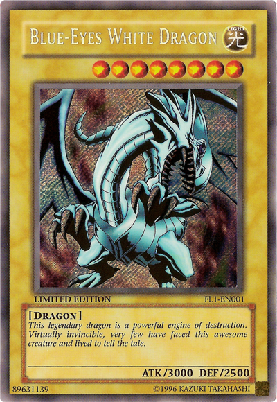 The Yu-Gi-Oh! Blue-Eyes White Dragon [FL1-EN001] Secret Rare features blue scales, 3000 attack, and 2500 defense. Known as a powerful engine of destruction, this card from the Forbidden Legacy series has a shiny foil finish.