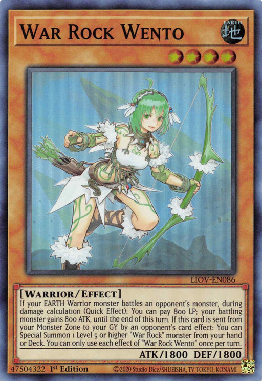 A Yu-Gi-Oh! card titled War Rock Wento [LIOV-EN086] Super Rare. This Super Rare card features an anime-style female warrior with green hair, wielding a bow and arrow. With an ATK of 1800 and DEF of 1800, this Earth attribute Warrior/Effect monster has detailed card text outlining its abilities and effects.