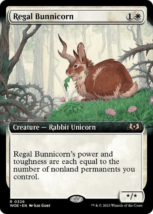 A rare "Magic: The Gathering" card titled "Regal Bunnicorn (Extended Art) [Wilds of Eldraine]" from the Wilds of Eldraine set. The image depicts a mythical creature featuring a rabbit-unicorn hybrid with a small horn, surrounded by lush forest vegetation. Its power and toughness equal the number of nonland permanents you control. (R 0326), artist: Ilse Gort.