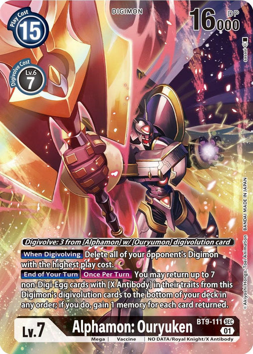 A Digimon Secret Rare trading card, Alphamon: Ouryuken [BT9-111] (Alternate Art) [X Record], features Alphamon: Ouryuken, a Level 7 Digimon with 16,000 DP. The card has a play cost of 15 and digivolution costs of 7 from Level 6 Digimon or 3 from those with [Ouryumon]. The image shows a powerful armored Digimon wielding a glowing X Antibody sword against