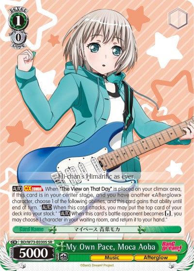 A Super Rare trading card featuring Moca Aoba from the Afterglow band in "BanG Dream!". Moca is illustrated holding a blue electric guitar, wearing a light green blazer over a white shirt, and a dark skirt. The card contains game stats and instructions, with "My Own Pace, Moca Aoba" written at the bottom. This specific card is "My Own Pace, Moca Aoba (BD/W73-E030S) [BanG Dream! Vol.2]" by Bushiroad.