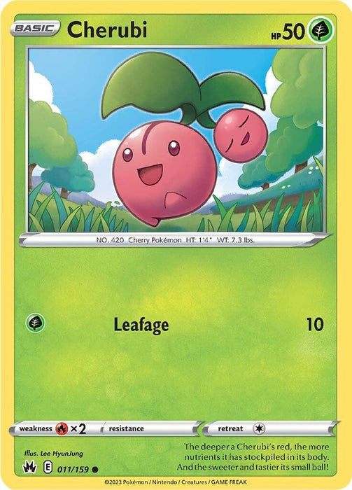 A Pokémon card from the Sword & Shield: Crown Zenith series features Cherubi (011/159) [Sword & Shield: Crown Zenith] by Pokémon, a small, pink, cherry-like Grass Type creature with a cheerful expression and a smaller cherry attached to it. Framed by green foliage against a blue sky, the card details HP 50 and an attack called Leafage with a power of 10.