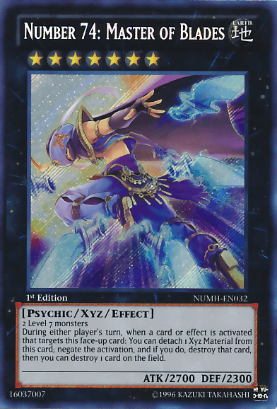 A Yu-Gi-Oh! trading card titled "Number 74: Master of Blades [NUMH-EN032] Secret Rare". This Secret Rare Xyz Effect Monster features an armored warrior wielding a glowing sword, emitting blue energy. With 6 yellow stars indicating its rank, it requires 2 Level 7 monsters. The "1st Edition" card provides stats (ATK 2700, DEF 2300).