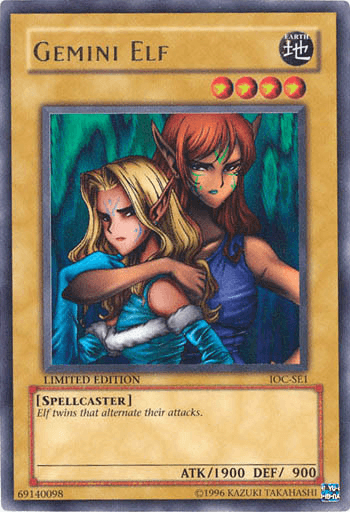 A Yu-Gi-Oh! Gemini Elf [IOC-SE1] Ultra Rare trading card featuring "Gemini Elf" from the Invasion of Chaos series. The Ultra Rare card's artwork shows two elves: a blonde elf in blue and a red-haired elf in red, posed back-to-back. Labeled as "LIMITED EDITION," it lists attributes: ATK/1900 DEF/900, Spellcaster type, and Normal Monster.