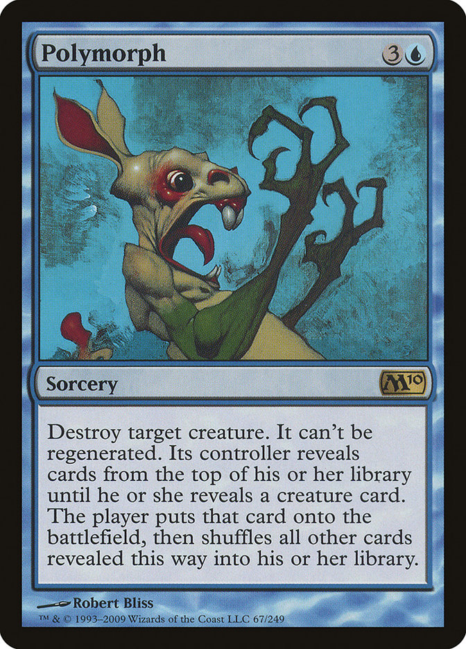 The Magic: The Gathering card "Polymorph" [Magic 2010] is a rare sorcery requiring four mana, including one blue. Its art shows a creature with a long neck and large eyes, illustrating its effect of transforming a target creature.