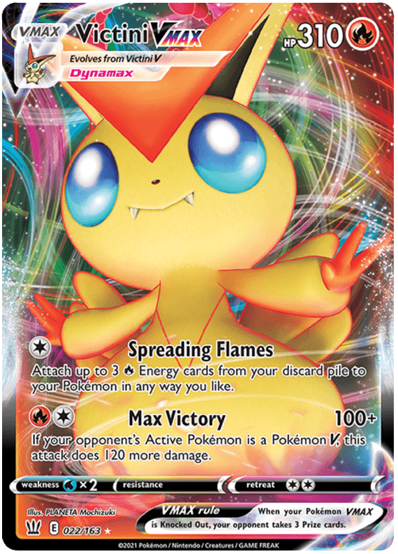 A Pokémon card featuring Victini VMAX (022/163) [Sword & Shield: Battle Styles] from the Pokémon brand. The card shows Victini, an orange, rabbit-like creature with large ears and a 'V' shape on its head. The background is vibrant, with swirling rainbow colors. This Ultra Rare card has 310 HP and includes the moves 