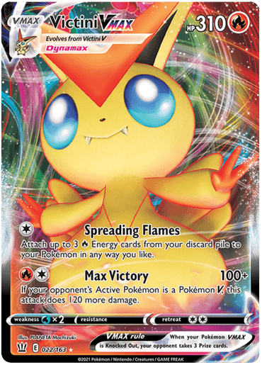 A Pokémon card featuring Victini VMAX (022/163) [Sword & Shield: Battle Styles] from the Pokémon brand. The card shows Victini, an orange, rabbit-like creature with large ears and a 'V' shape on its head. The background is vibrant, with swirling rainbow colors. This Ultra Rare card has 310 HP and includes the moves "Spreading Flames" and "Max Victory." It is card number 022/163.