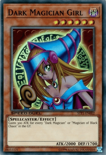 This is an image of the "Dark Magician Girl [STP1-EN002] Super Rare" Yu-Gi-Oh! trading card. She is depicted as a super rare effect monster spellcaster wearing a blue and pink outfit with a matching pointed hat. The text box details her effect and stats, showing 2000 ATK and 1700 DEF. The background is a magical, glowing green circle with symbols.