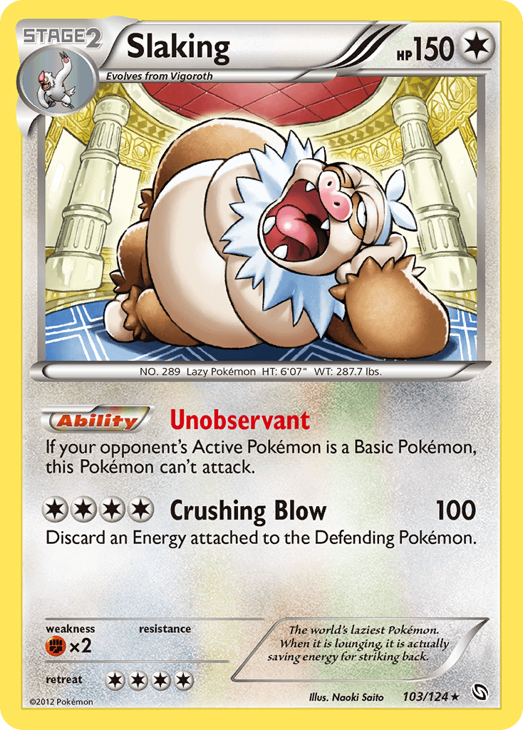 A Pokémon Slaking (103/124) [Black & White: Dragons Exalted] trading card featuring Slaking from the Dragons Exalted series. This Holo Rare card shows Slaking sleeping, with its mouth open and an arm resting on its belly. It has 150 HP, the ability 