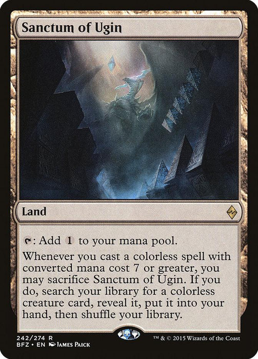 A Magic: The Gathering card from the Battle for Zendikar set, titled "Sanctum of Ugin [Battle for Zendikar]." It's a land card that produces one colorless mana. When you cast a colorless spell with converted mana cost 7 or more, you may sacrifice it to search your library for a colorless creature card, reveal it, and put it into your hand.